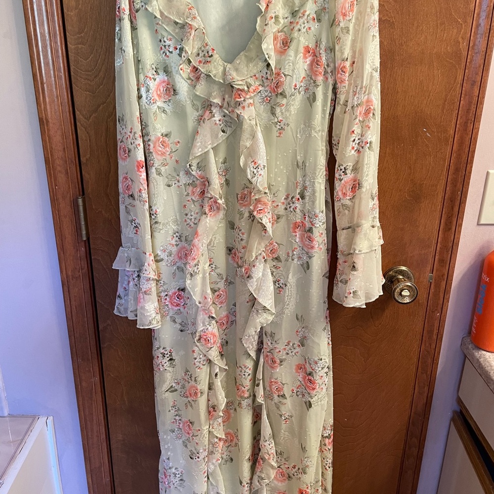 BooHoo Floral Ruffled Maxi Dress in Sage with Pink Roses